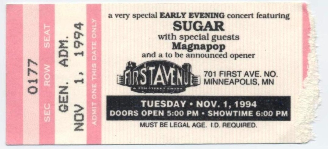 Ticket stub from first of two nights at First Avenue in Minneapolis in November 1994.